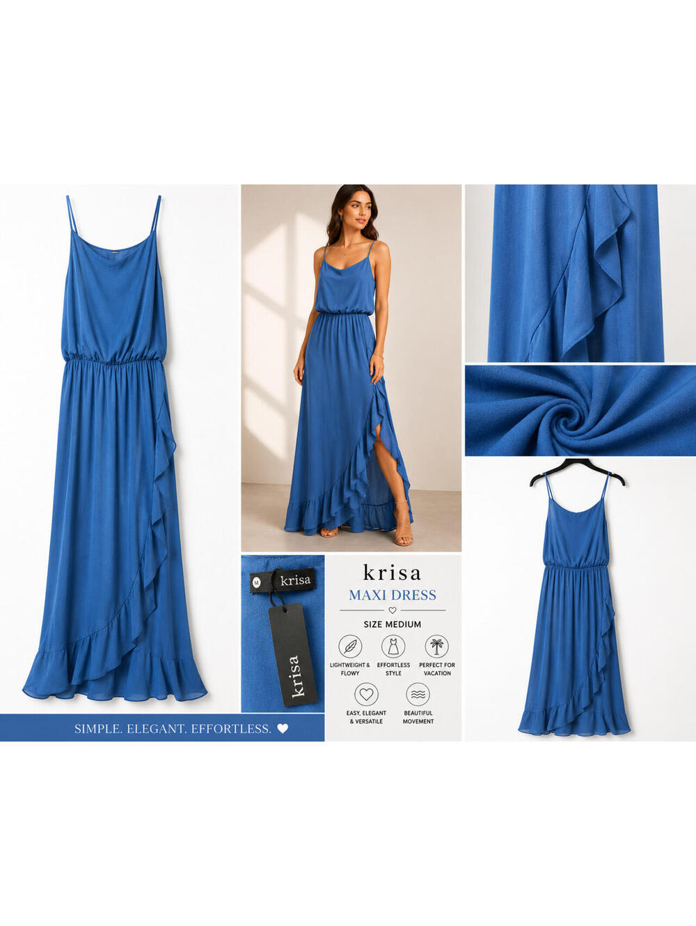 Krisa Blue Maxi Dress Size M Spaghetti Strap Ruffle Hem Flowy Elegant NWT